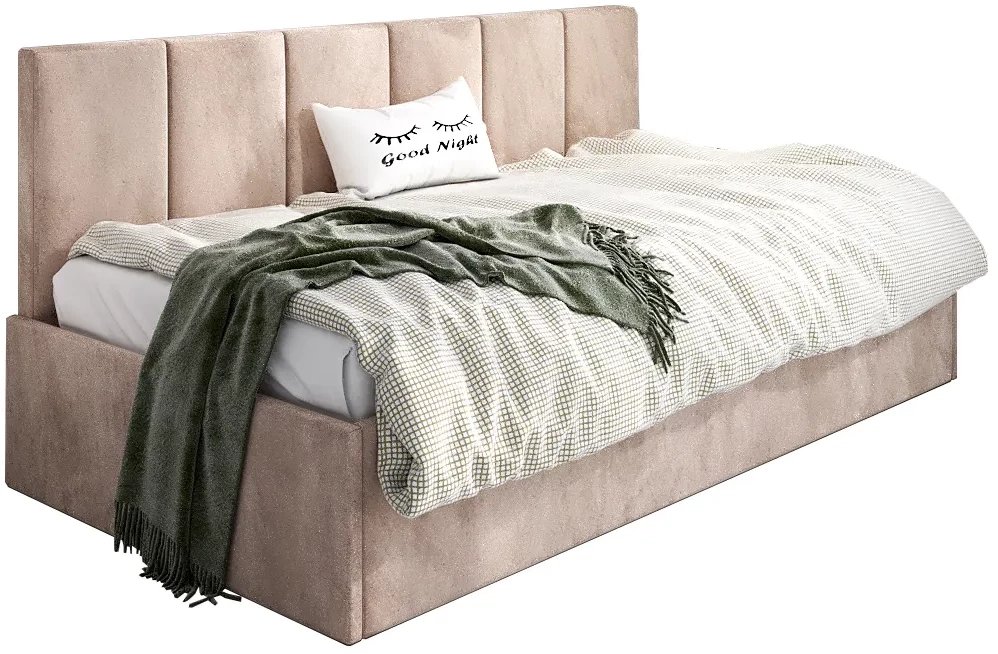 Łóżko młodzieżowe SORA 120x200 beżowe z tapicerowanym panelem i pojemnikiem na pościel MKPOL