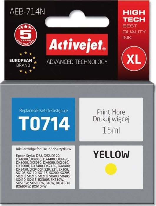 Tusz Activejet Activejet Tusz Activejet AEB-714N (zamiennik Epson T0714, T0894, T1004; Supreme; 15 ml; żółty)