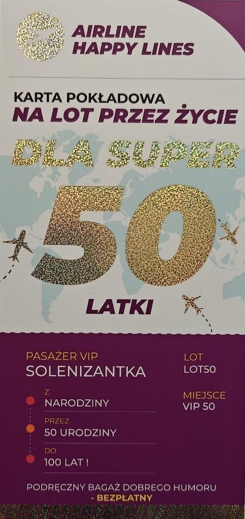 Karnet karta pokładowa 50 urodziny damskie