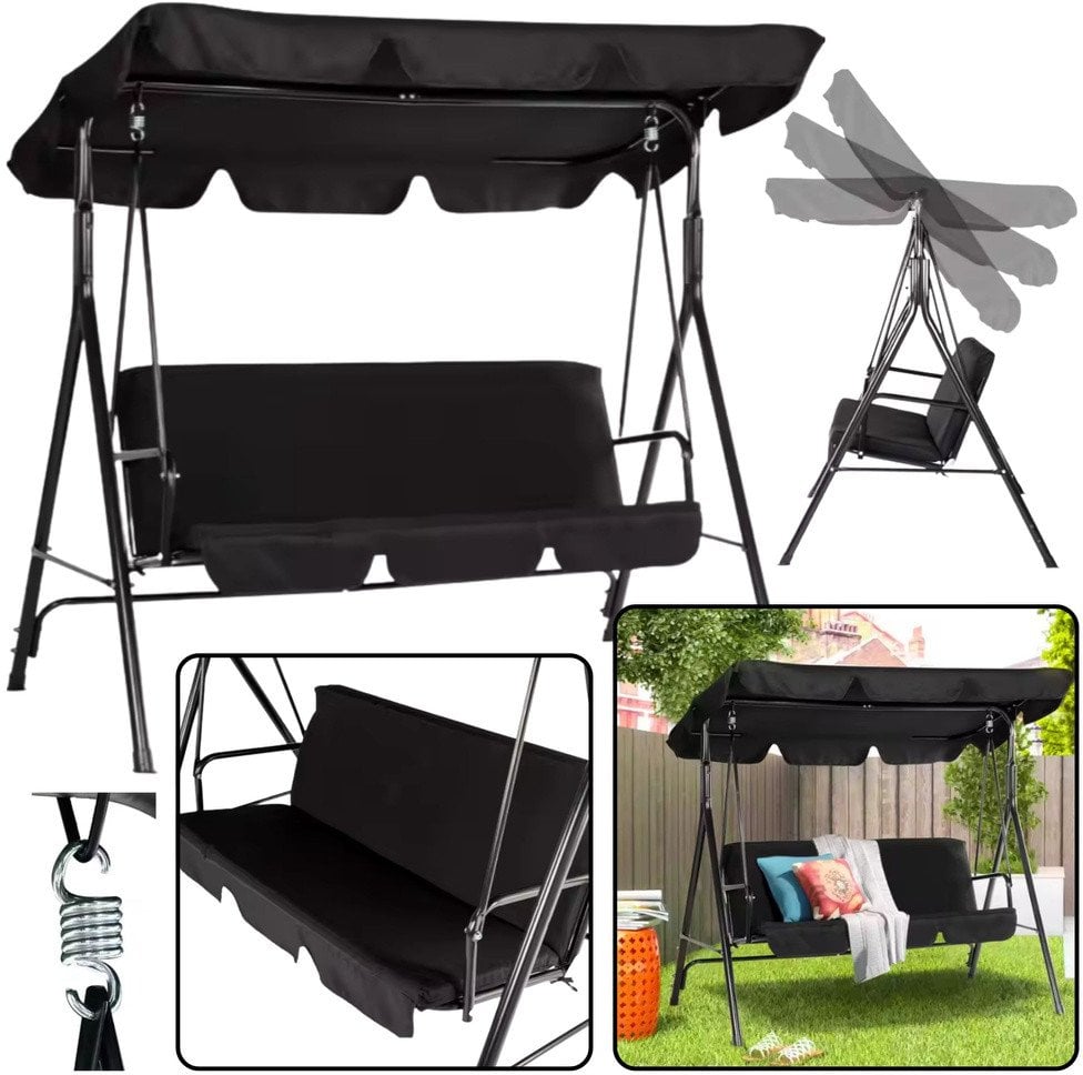 Huśtawka Trzyosobowa Ogrodowa Bujana Poduszki Materac Czarna