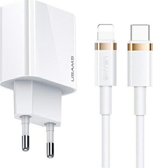 Ładowarka Usams Ładowarka sieciowa USAMS T34 1xUSB-C 20W 5V-3A PD3.0 + kabel U63 USB-C/Lightning 20W biały/white T49OCLN01