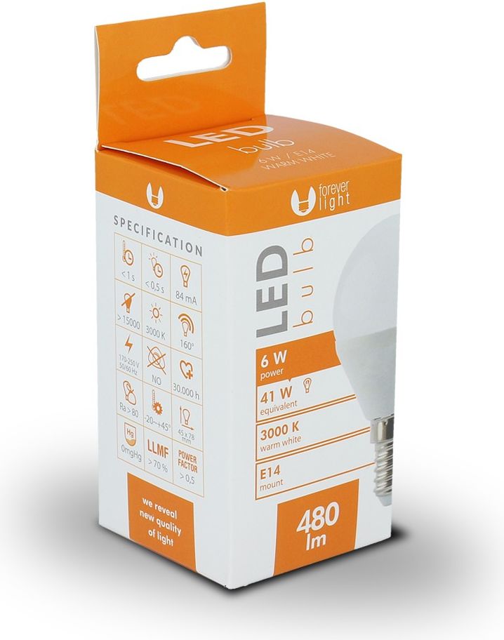 Forever Light Żarówka LED E14 G45 6W 230V ciepła 3000K (97236)