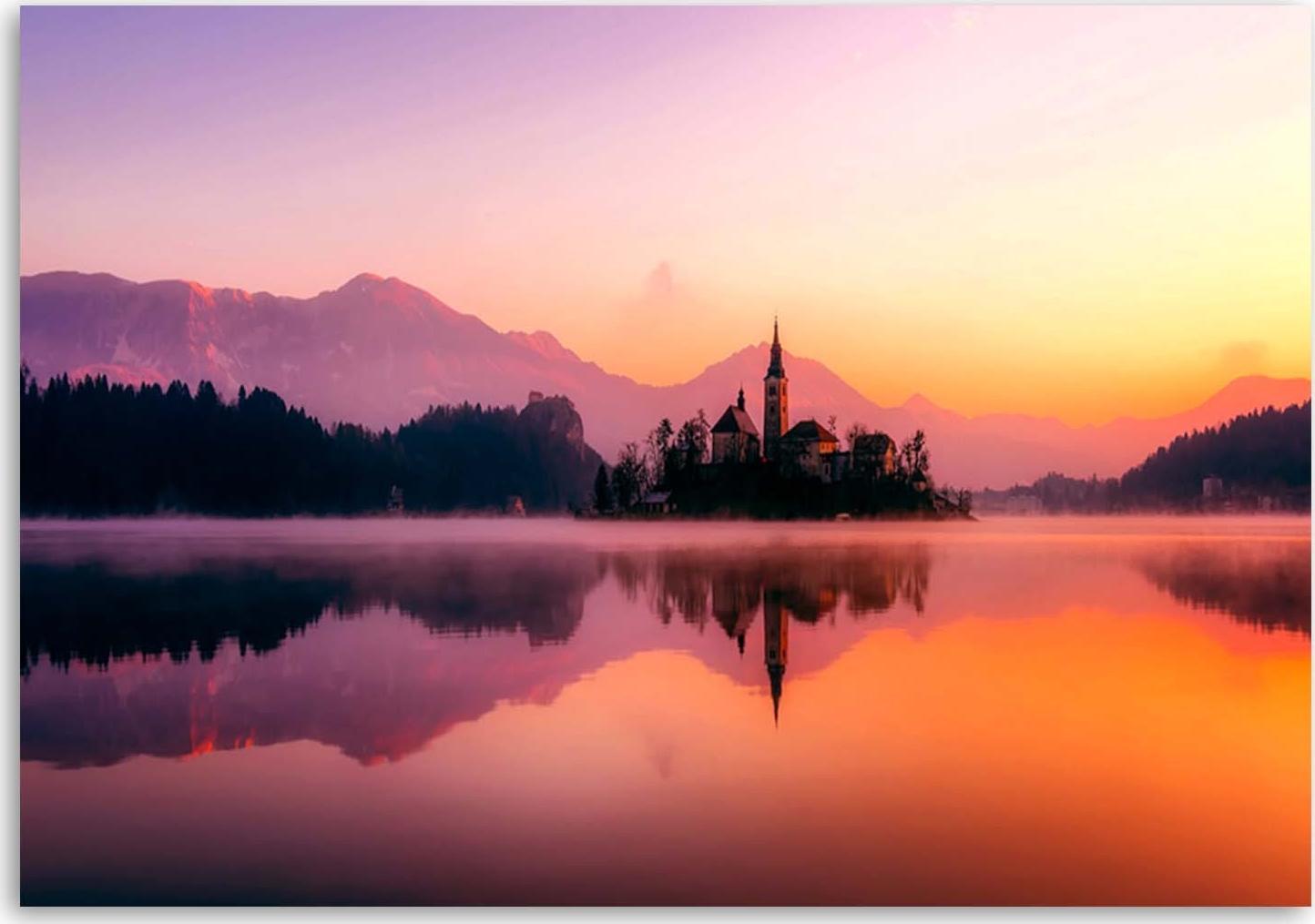 CaroGroup OBRAZ NA PŁÓTNIE Jezioro Góry Zamek LILA 100x70