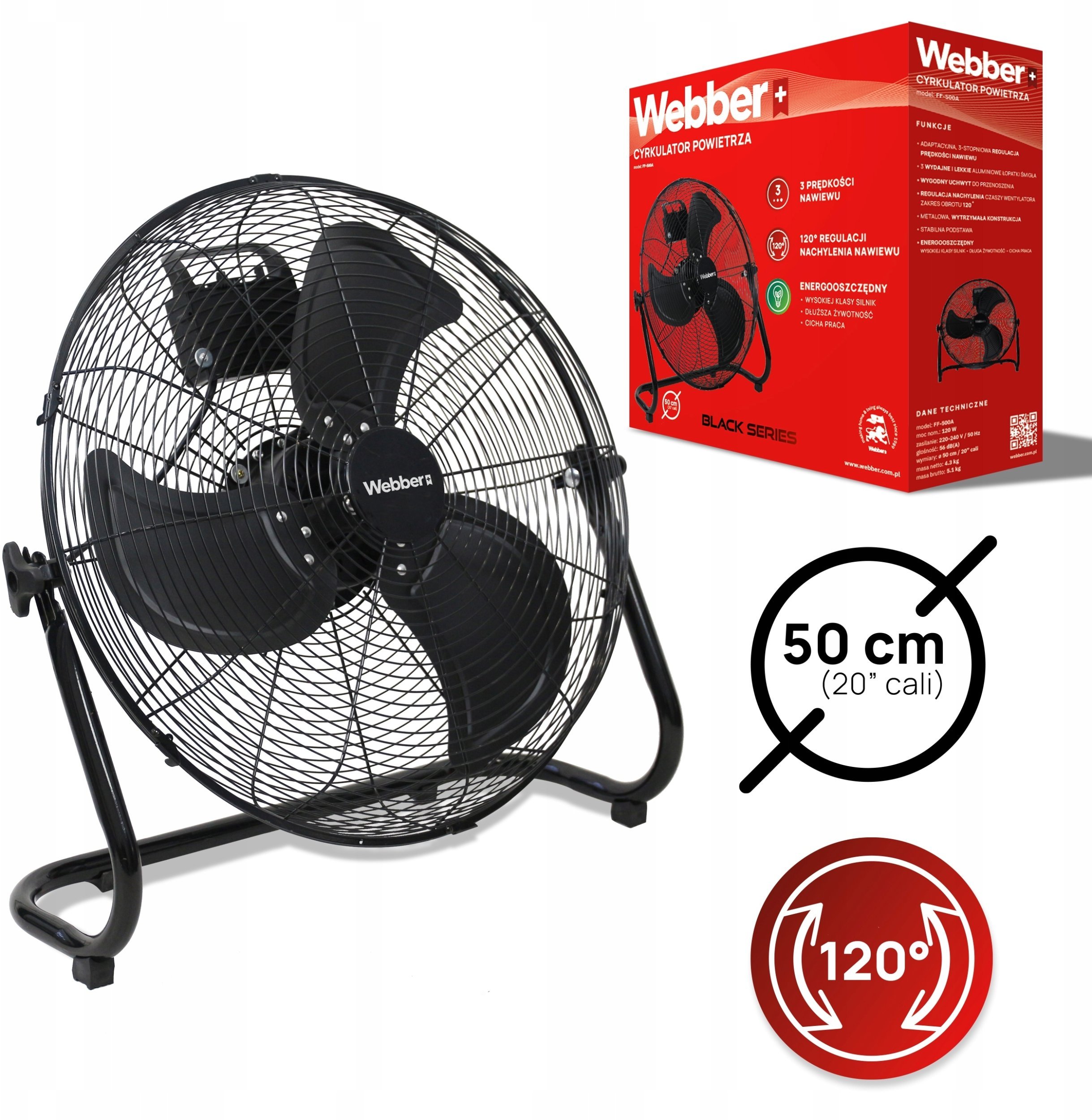 WENTYLATOR Cyrkulator Powietrza PODŁOGOWY DUŻY Wiatrak 50 cm WEBBER CICHY