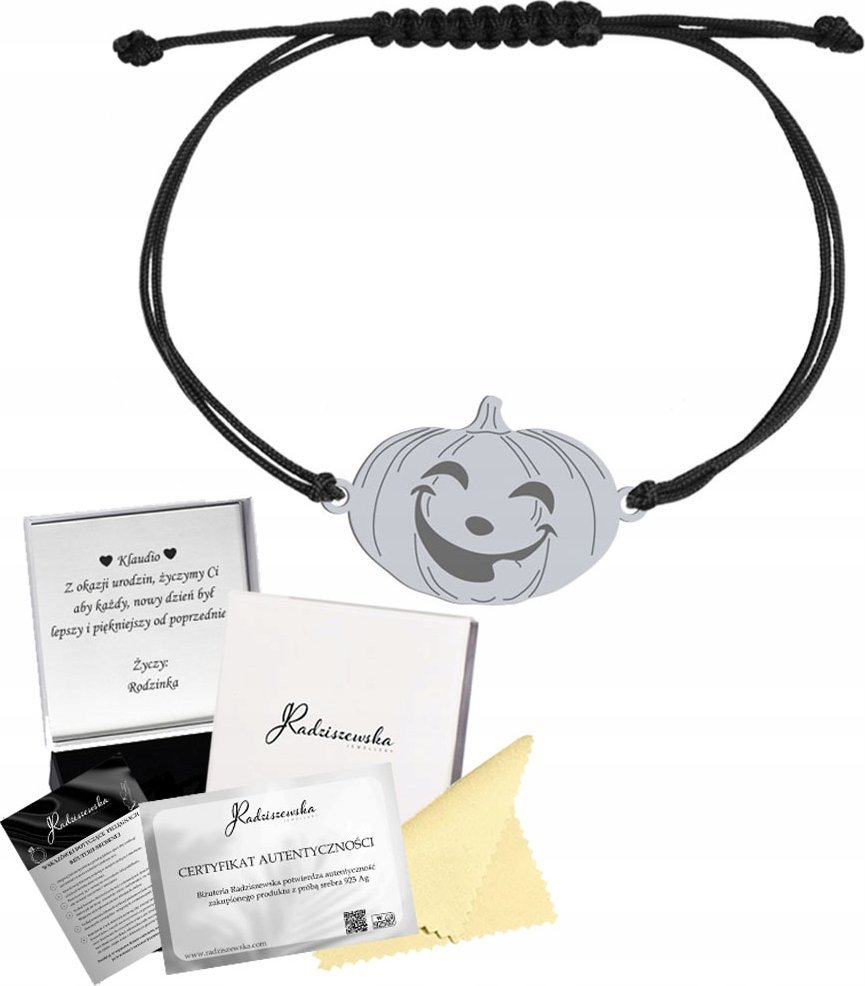 MEJK Jewellery Bransoletka Srebrna Dynia Halloween 925 Sznurek Prezent GRAWER ŻYCZENIA