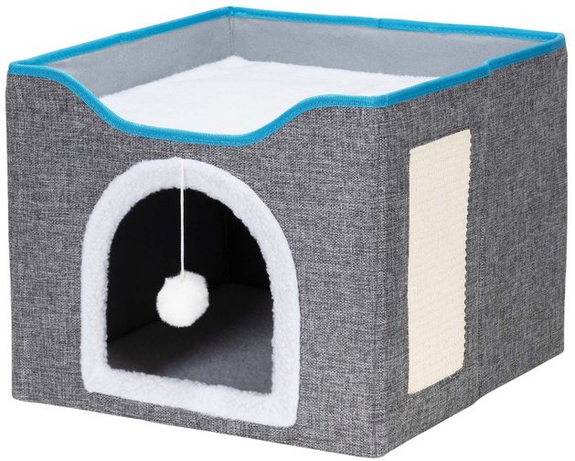 Legowisko dla kota z zabawką i drapakiem 42x41x34 cm koci domek, posłanie szare UNIWERSALNY