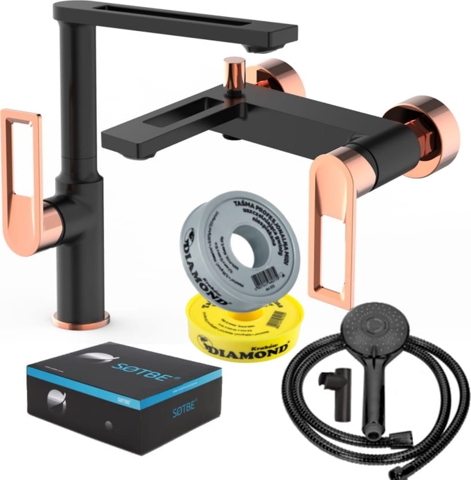 Sotbe SOTBE LOFT SVART GOLD bateria wannowa ścienna + wysoka bateria umywalkowa czarno złota ROSE GOLD