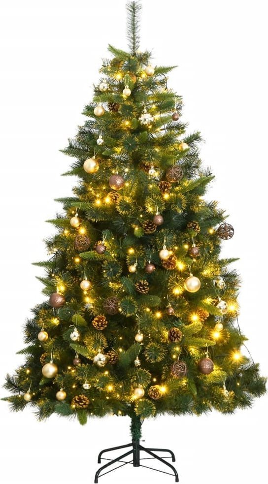 vidaXL Sztuczna choinka na zawiasach, 300 lampek LED i bombki, 210 cm