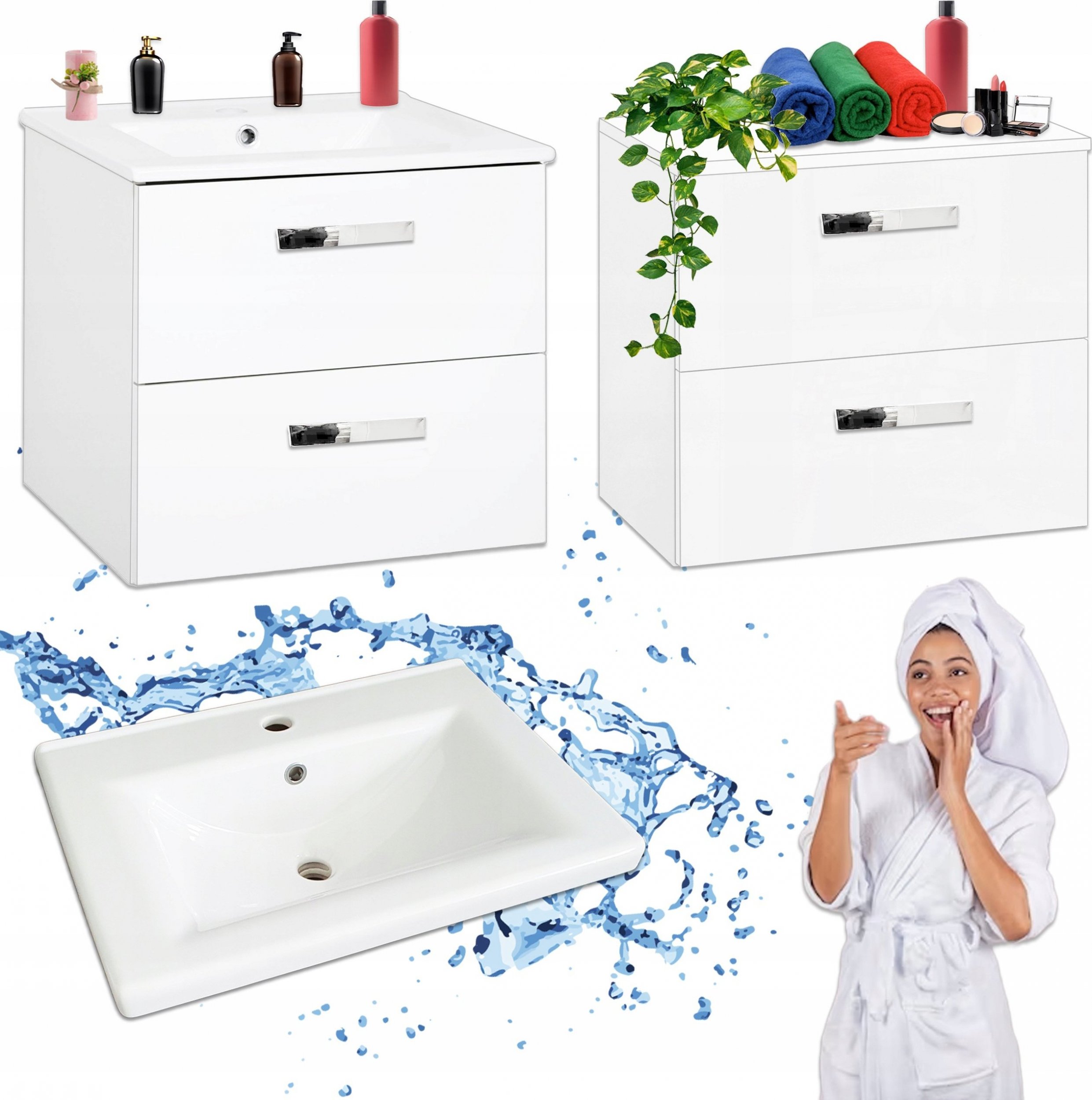 Stamar Zestaw Łazienkowy Szafka z Umywalką 60 + Komoda Wisząca Biały Połysk 50 cm