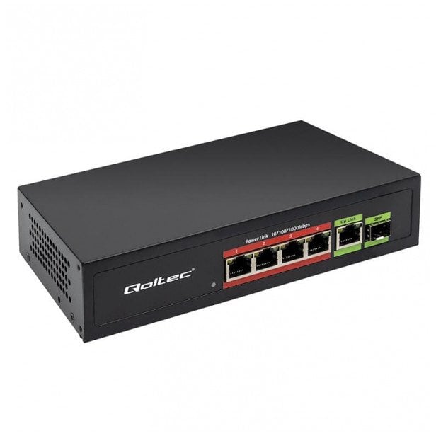 Switch niezarządzalny Qoltec przełącznik sieciowy FAST Ethernet 4x RJ45 PoE 1x RJ45 Uplink 1x SFP | 65W | 1000 Mb/s