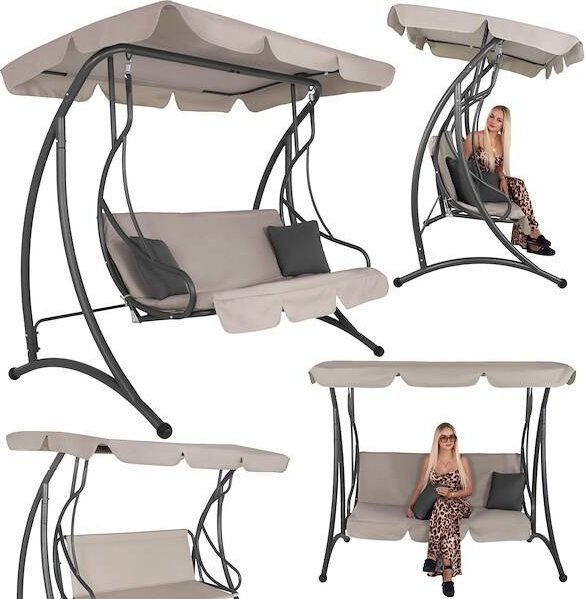Springos Huśtawka ogrodowa 3-osobowa z regulowanym daszkiem, materacem i poduszkami beżowa UNIWERSALNY