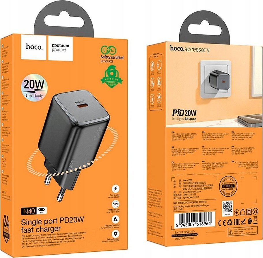 Ładowarka Hoco HOCO ładowarka sieciowa Typ C QC PD 20W N40 czarna