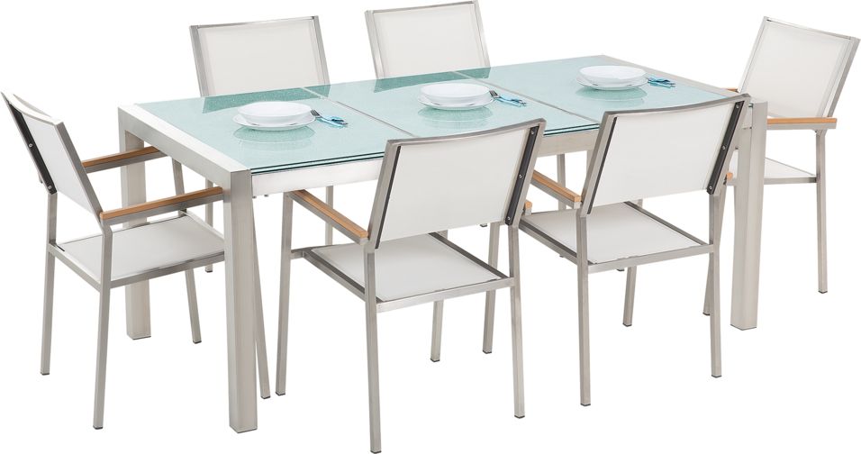 Beliani Zestaw ogrodowy stół szkło tłuczone dzielony blat i 6 krzeseł białych GROSSETO