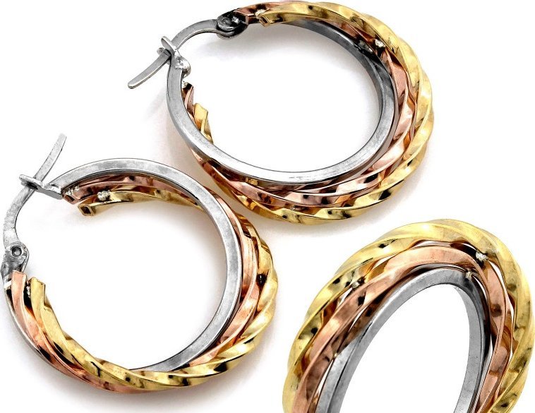 Lovrin Kolczyki damskie koła srebrne 925 potrójne złocone trzy kolory