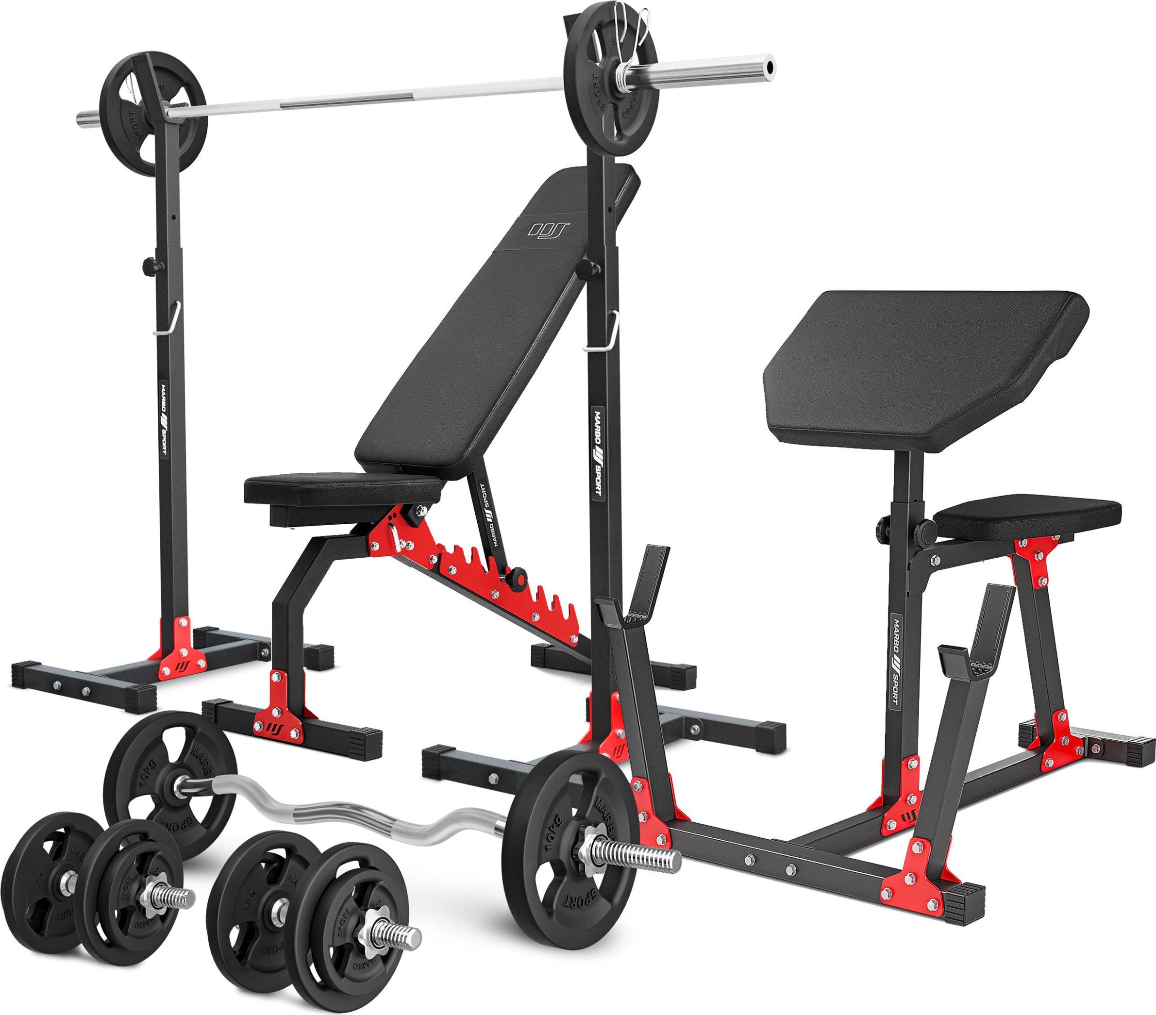 Zestaw MH9_121KG_KIER | Ławka dwustronna + stojaki regulowane + ławka scotta + zestaw gryfów i obciążeń - Marbo Sport