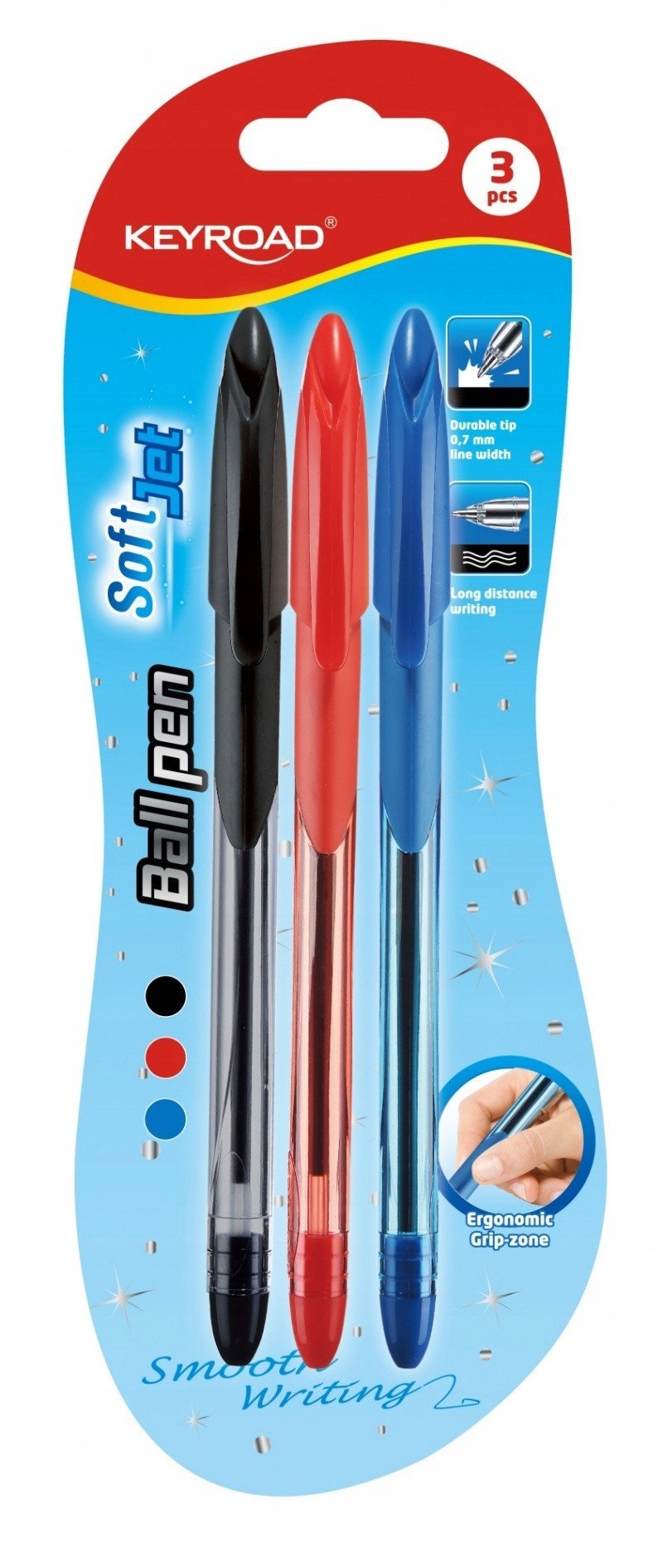 Długopis KEYROAD Ball Pen Soft Jet, miękki uchwyt, 0,7mm, 3 szt., blister, mix kolorów