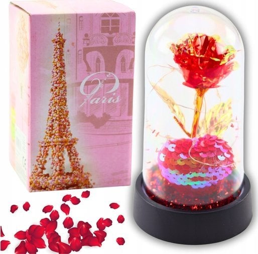 Wieczna Róża Kryształowa w Kopule z Oświetleniem LED z Serduszkiem 14x8cm