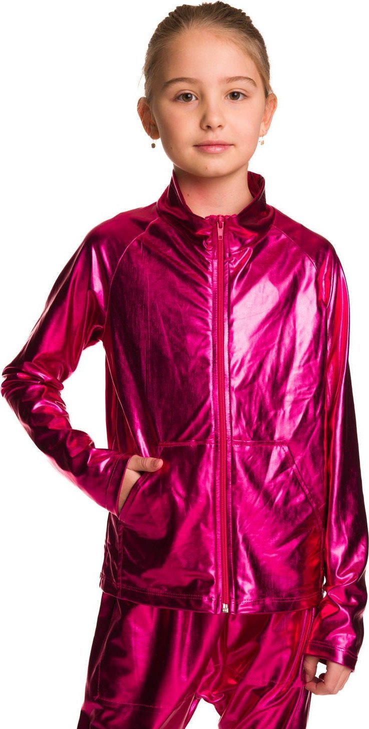 RENNWEAR Bluza metaliczna połyskująca z długim rękawem stójką zamkiem i kieszeniami na występ fuksjowy 140-146 cm