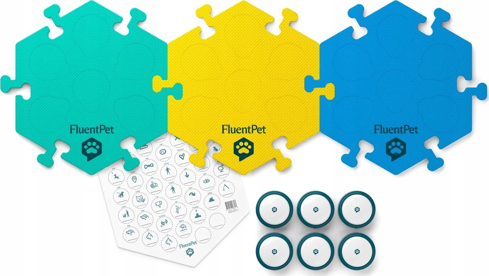 FluentPet - Basic Get Started Kit - zestaw 6 przycisków z piankowymi matami i naklejkami do komunikacji z psem / kotem