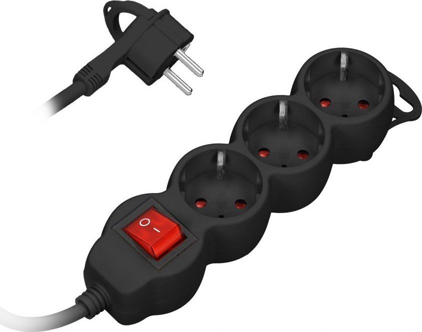 Orno Przedłużacz 3-krotny 2P+Z (Schuko) z wyłącznikiem, 1,5m H05VV-F 3x1,0mm?, Imax=10A, płaska wtyczka, czarny
