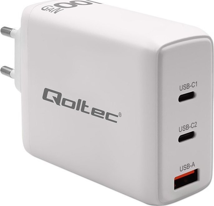 Ładowarka Qoltec Ładowarka sieciowa 100W GaN | 5-20V | 1.5-5A | 2 x USB-C PD | 1 x USB QC 3.0 | Biała