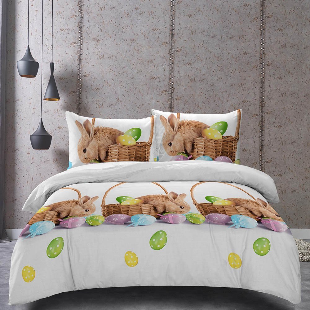 Cotton World Pościel 200x220 świąteczna na Wielkanoc bawełna satynowa 3D Cotton World gruba 3 części 2445 zajączki wielkanocne