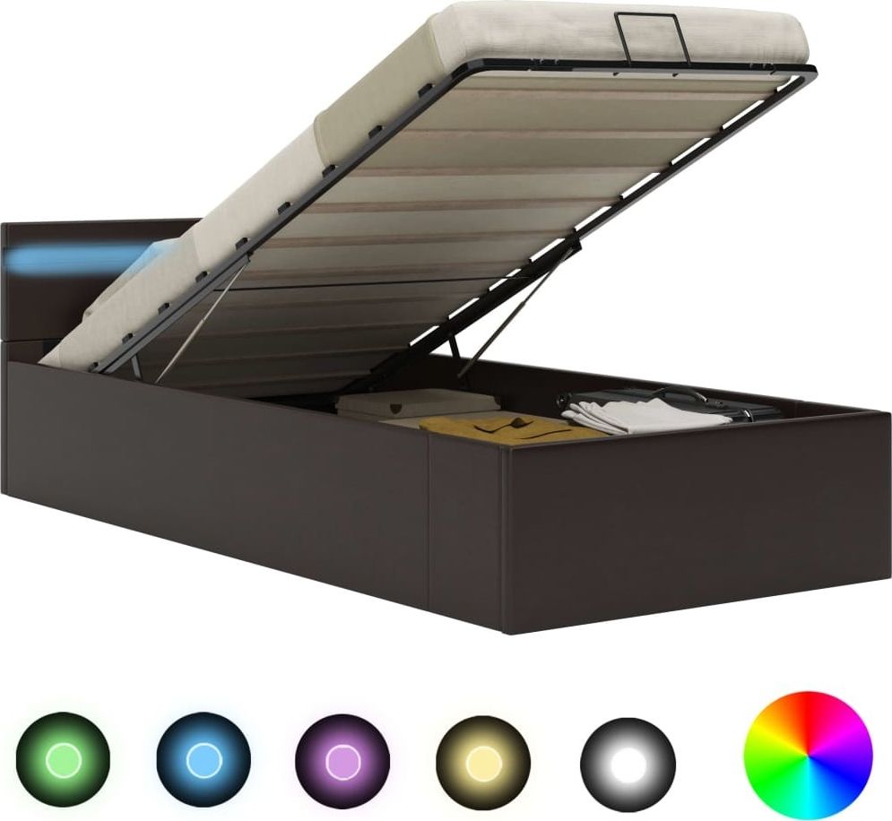 vidaXL Rama łóżka z podnośnikiem i LED, szara, ekoskóra, 90 x 200 cm