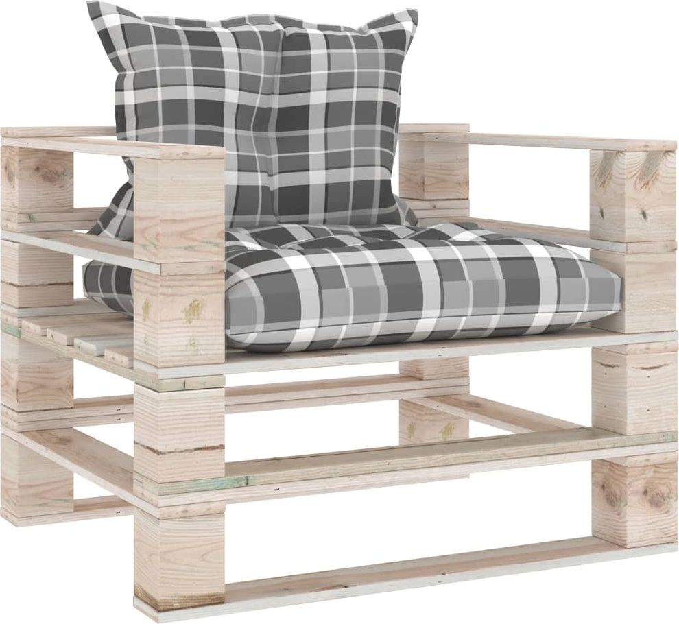 vidaXL VidaXL Sofa ogrodowa z palet, z poduszkami w szarą kratę, sosna