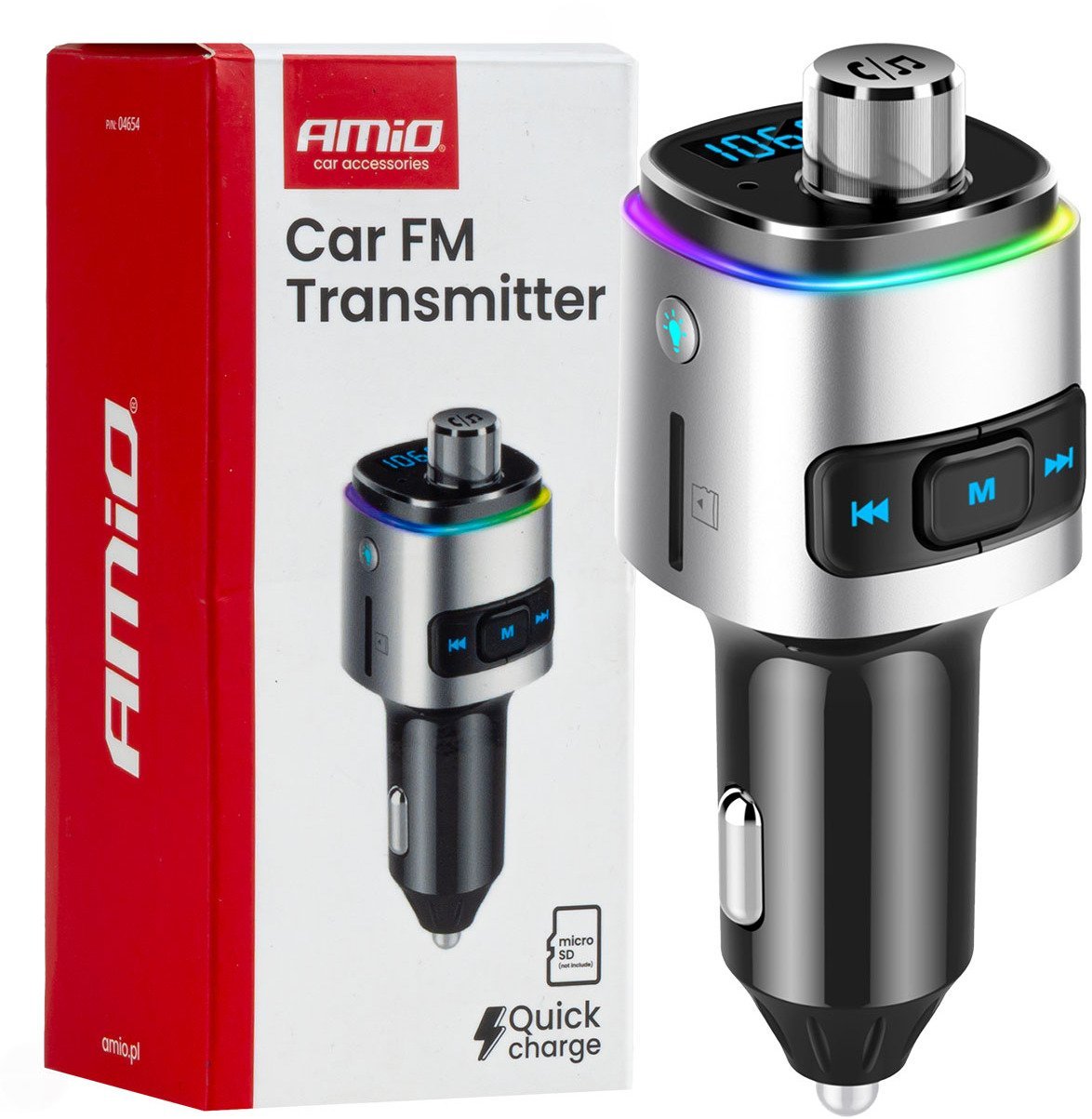 Transmiter samochodowy fm 2×usb-a microsd 12v 24v amio-04654