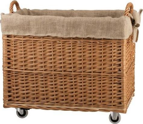 WickerPL Wiklinowy Mobilny Prostokątny Kosz na Drewno Kominkowe Obszyty Jutą 63x43 H46/52 cm