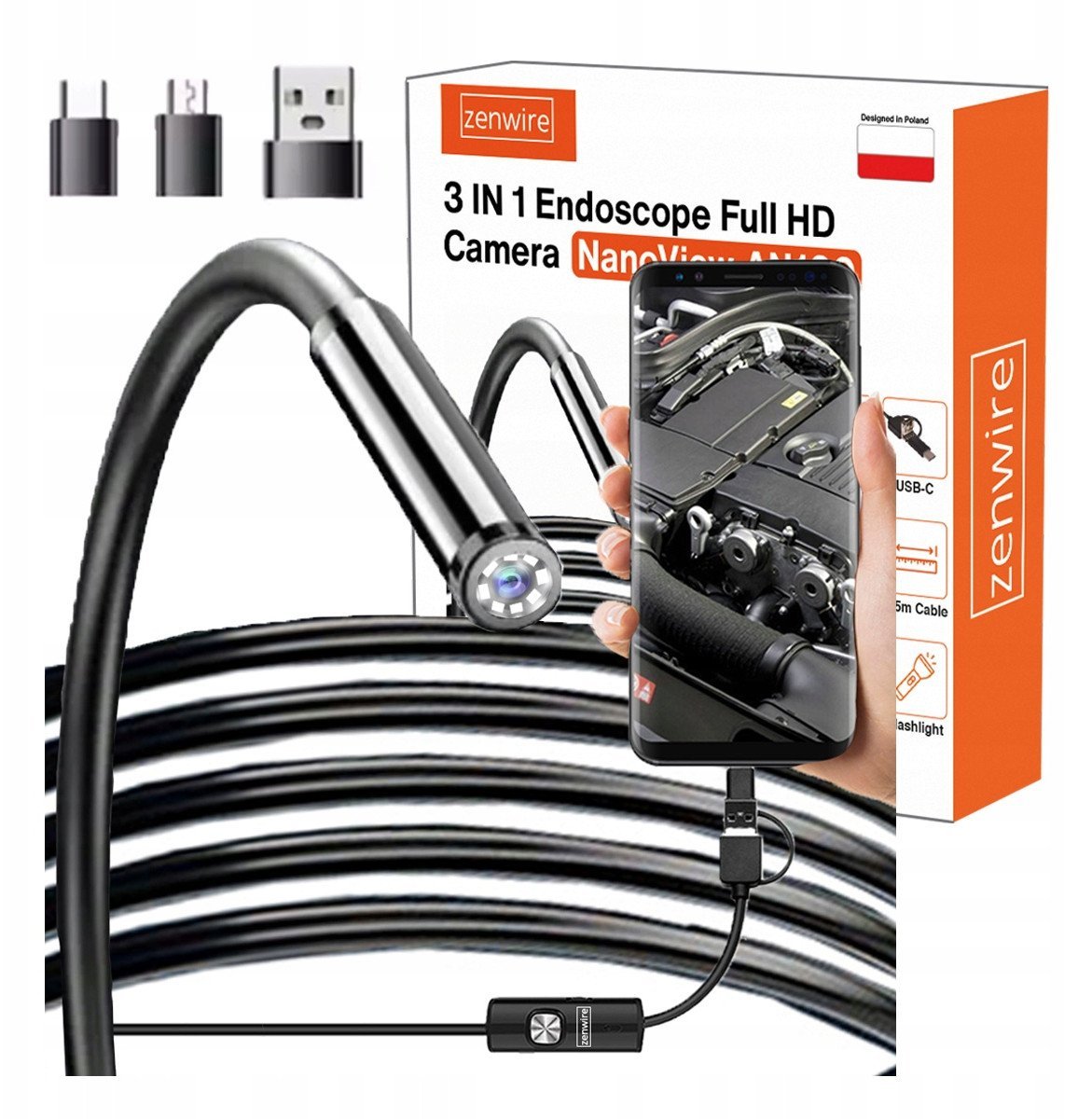 Kamera Inspekcyjna Warsztatowa Endoskop do Telefonu Android Rur USB-C 3,5m Zenwire AN100