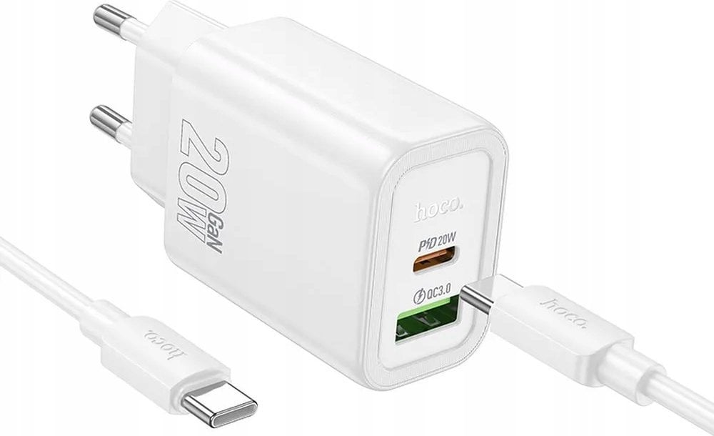 HOCO ładowarka sieciowa USB A + Typ C + kabel Typ C do Typ C PD QC3.0 3A 20W N61 biała