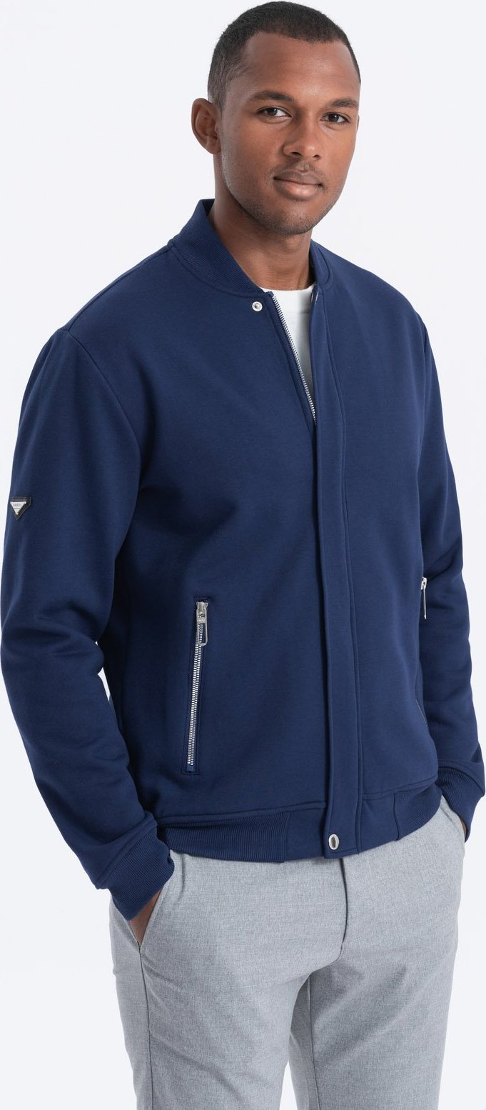 Ombre Bluza męska rozpinana bomberka - ciemnoniebieska V2 OM-SSZP-22FW-011 XL