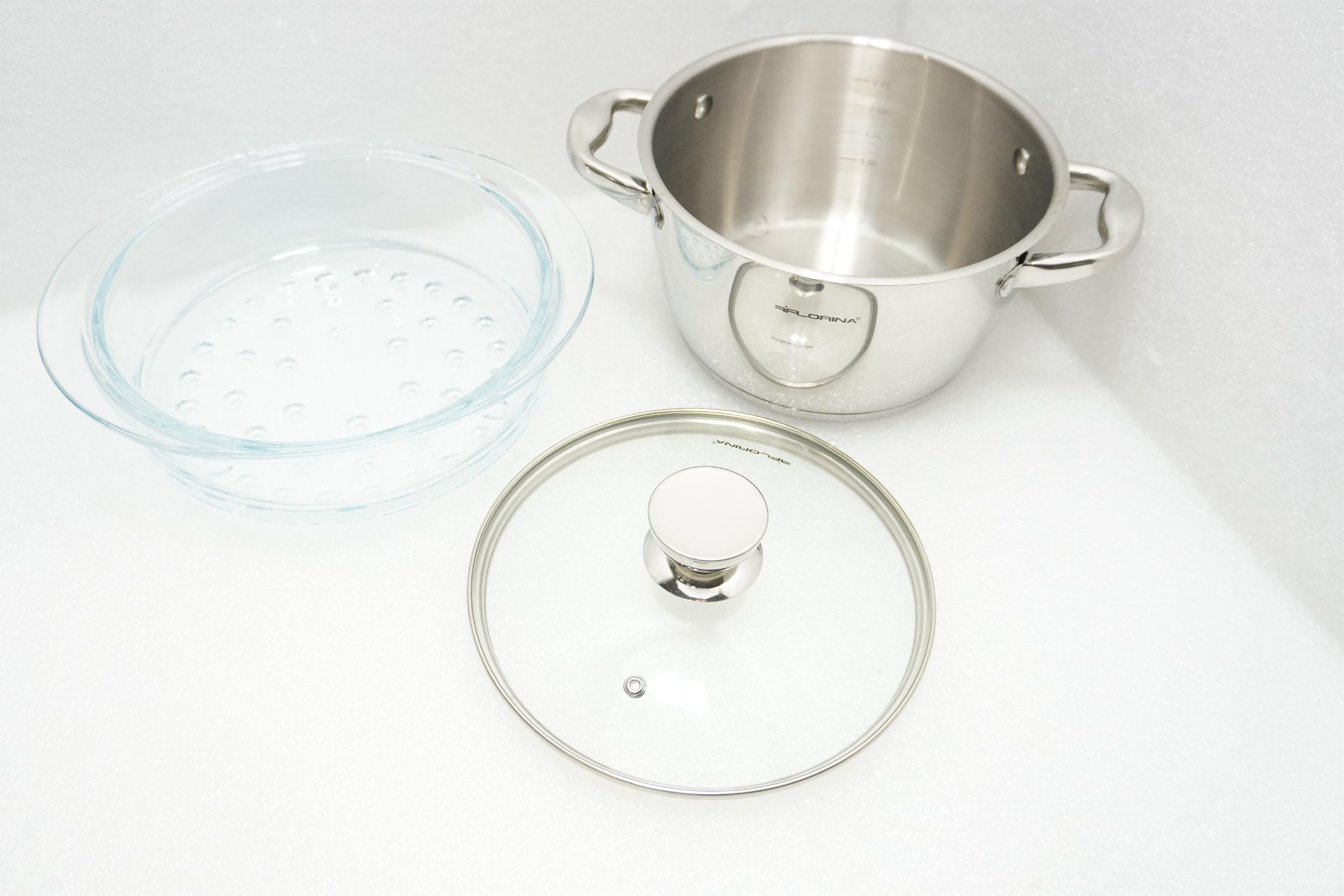 Florina GARNEK DO GOTOWANIA NA PARZE SATINA 20CM INOX 3-ELEM. (GARNEK 2,5L, 2X SZKLANY PARNIK 1,9L, POKRYWKA) [outlet]