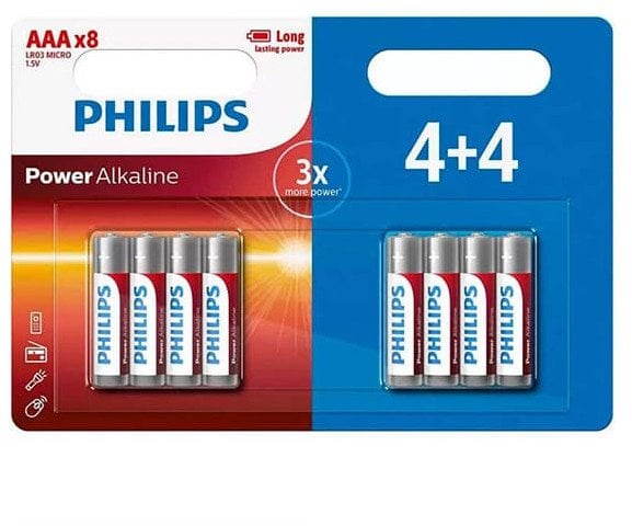 Bateria alkaliczna, AAA (LR03), AAA, 1.5V, PHILIPS, blistr, 8-pack, LR03P8BP/10, Power Alkaline, 4+4