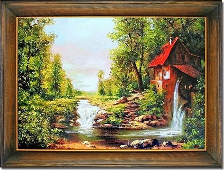 GO-BI Obraz Dworki, mlyny, chaty, ręcznie malowany 63x84cm uniwersalny