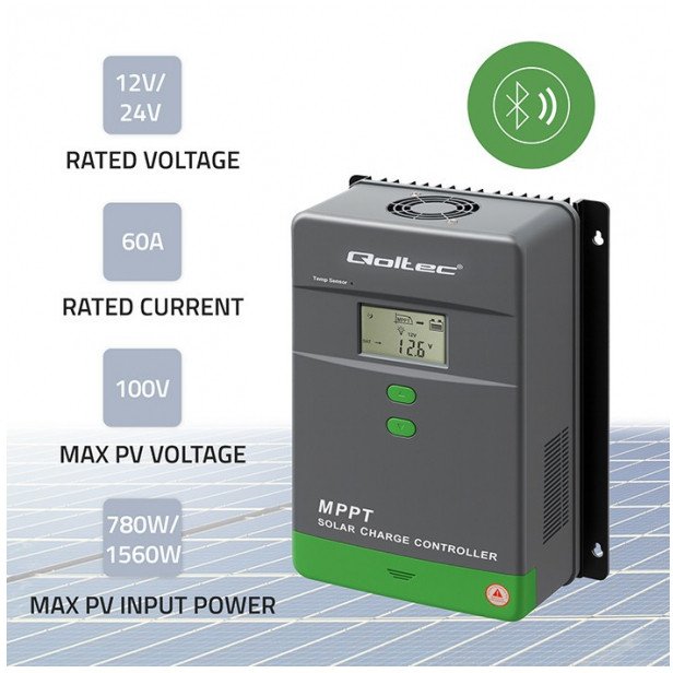 Qoltec Słoneczny regulator ładowania MPPT z czujnikiem temperatury 60A | 12V/24V | LCD | Bluetooth | APP | GEL | LiFePO4