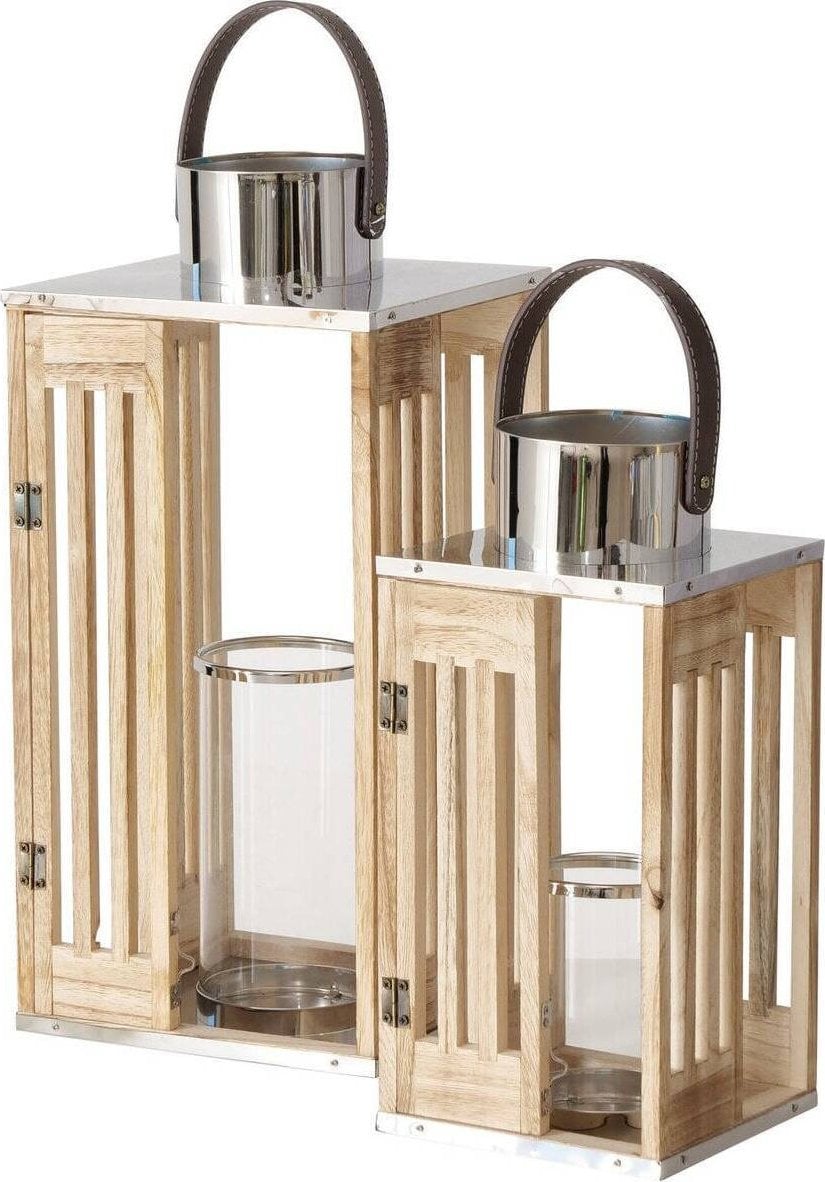 Boltze Lampion z drewna OCTAVIA, ze skórzanym uchwytem, 2 sztuki