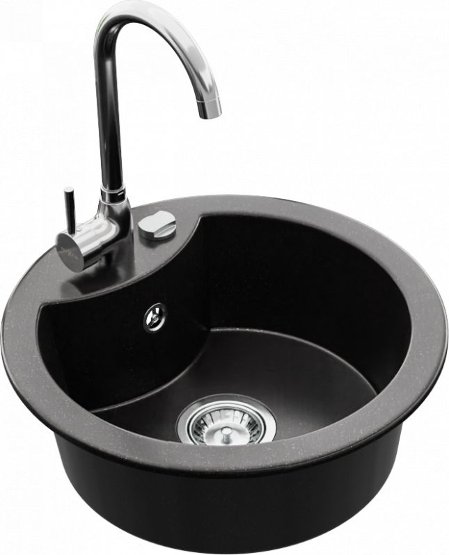Zlewozmywak Mexen Diego granitowy 1-komorowy z baterią kuchenną Telma, czarny/srebrny - 6512-73-670200-00