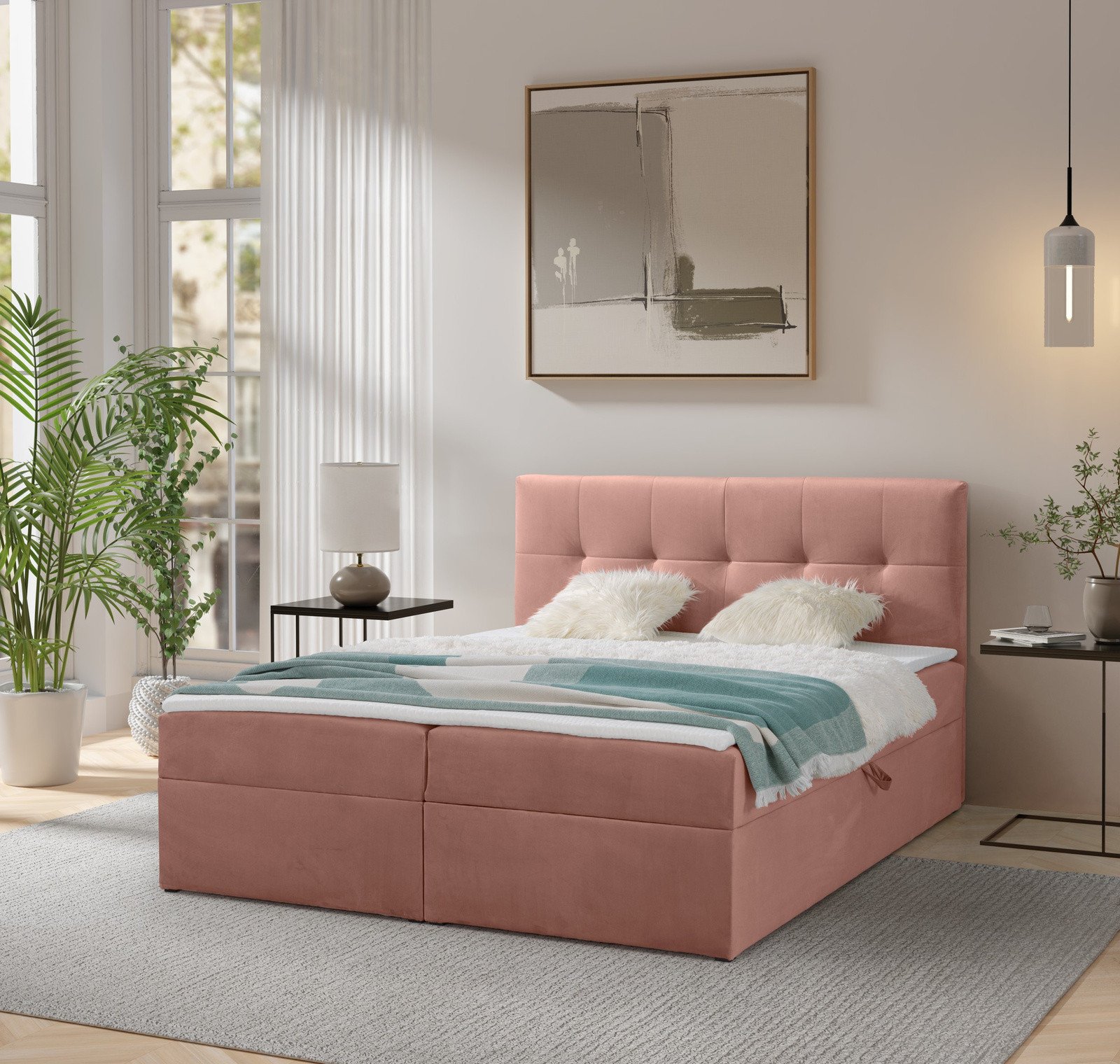 Łóżko kontynentalne Toronto 140200 (Amor Velvet 4328 - Brudny róż) z materacem bonell i topperem