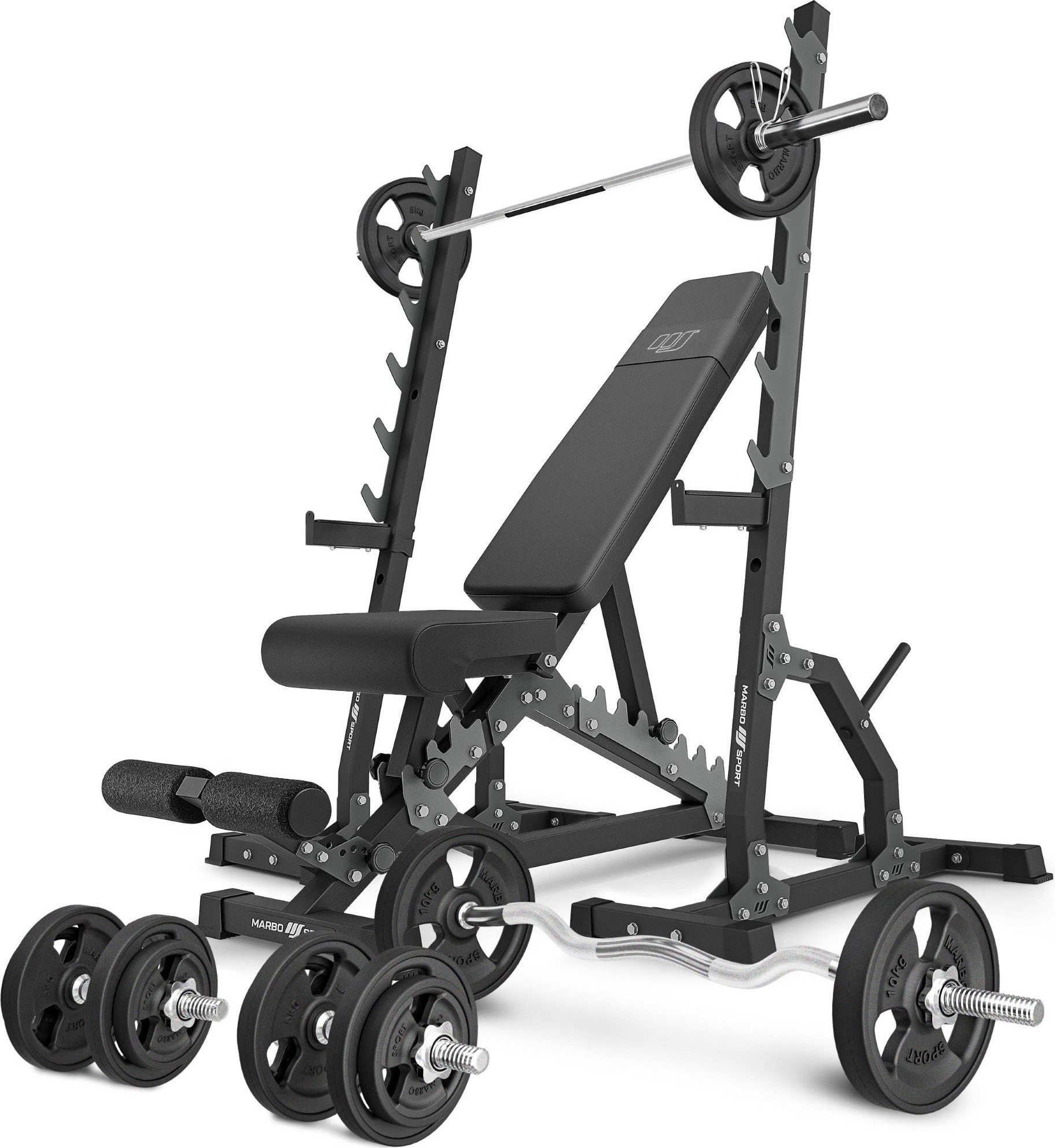 Zestaw MS24_2.0_83KG_G | Ławka dwustronna + wielopoziomowe stojaki (2 sztuki) + zestaw gryfów i obciążeń gumowanych 83 kg - Marbo Sport