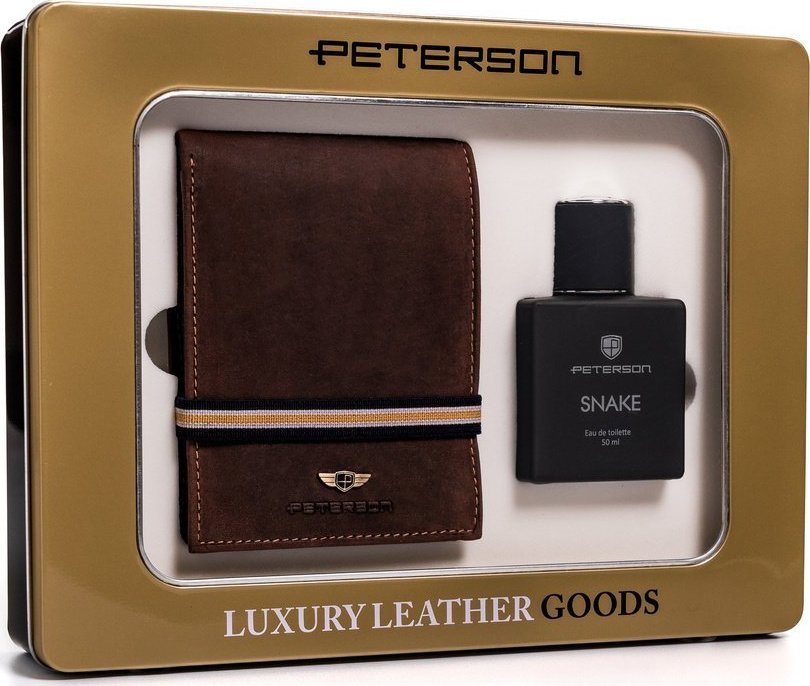 Peterson ZESTAW PREZENTOWY: BRĄZOWY, SKÓRZANY PORTFEL MĘSKI I WODA TOALETOWA PETERSON