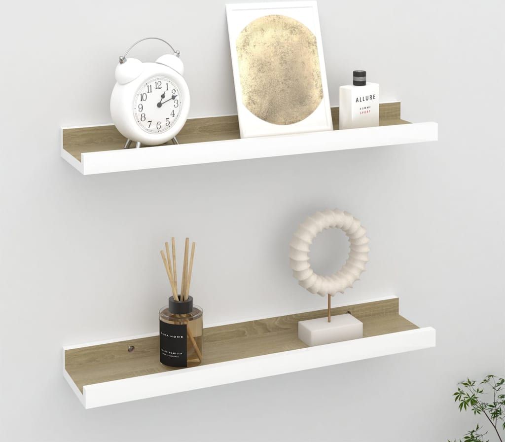 vidaXL Półki ścienne, 2 szt., biel i dąb sonoma, 40x9x3 cm