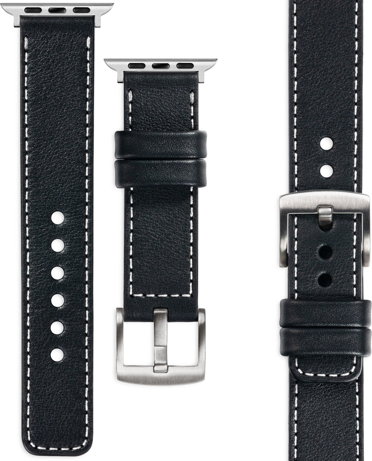 moVear moVear Prestige C1 Skórzany pasek 22mm do Apple Watch 8 / 7 / 6 / 5 / 4 / SE (41/40mm) | Czarny, białe przeszycie [rozmiar i klamra do wyboru]