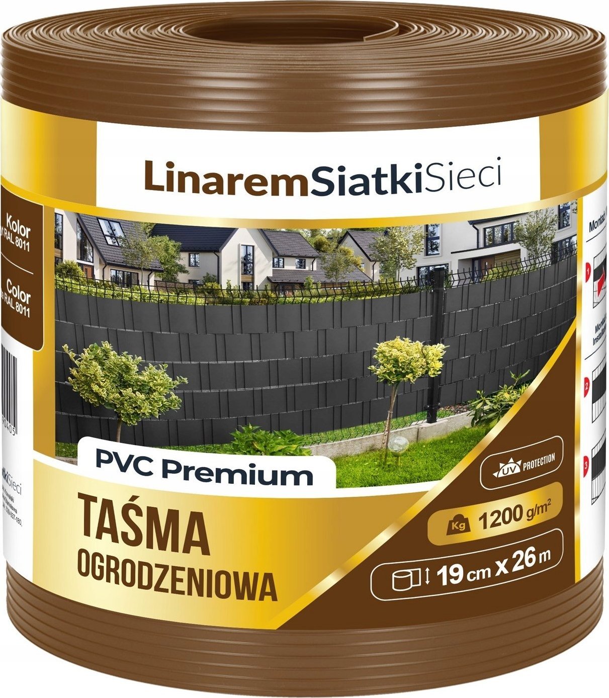 Linarem SiatkiSieci TAŚMA OGRODZENIOWA PREMIUM 1200g BRĄZOWA DO OGRODZENIA PANELOWEGO 19cmx26m