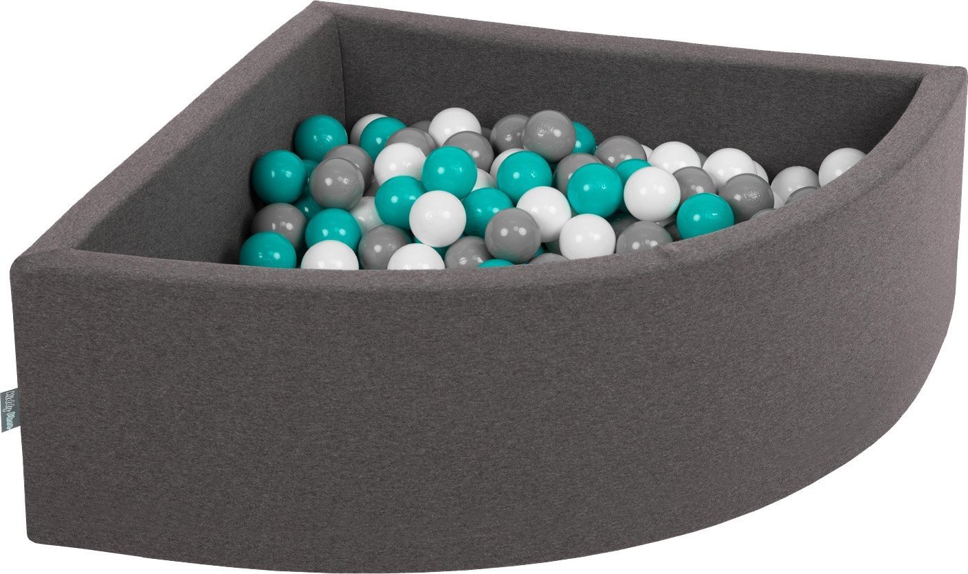 KiddyMoon KiddyMoon Suchy basen trójkątny z piłeczkami 7cm ciemnoszary: szary-biały-turkus 90x30cm/200piłek Zabawka basen piankowy