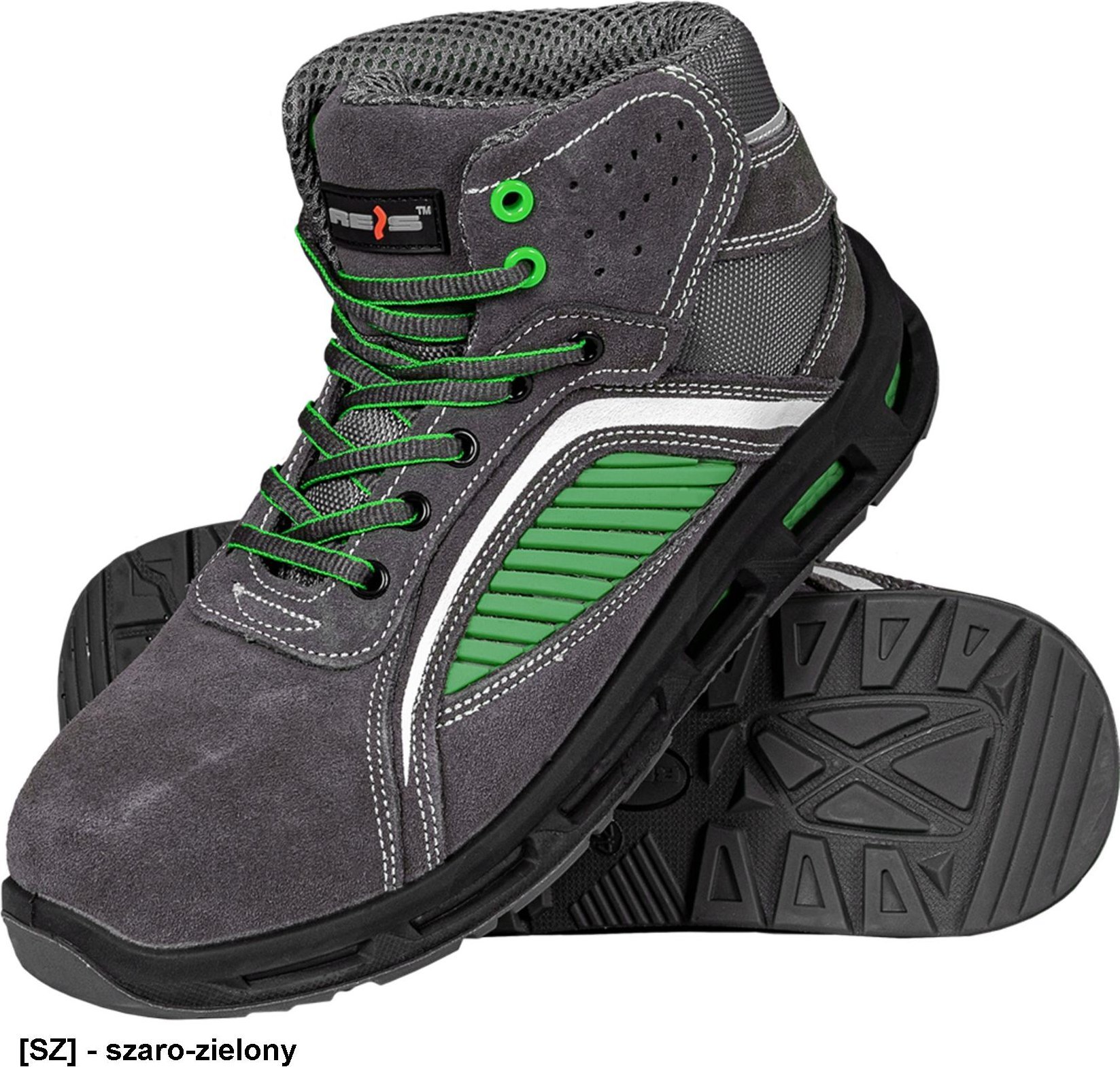 R.E.I.S. BRATOMIC-T S1 SRC - trzewiki bezpieczne ATOMIC, skóra zamsz, stalowy podnosek, podeszwa antypoślizgowa, olejo i - szaro-zielony 44