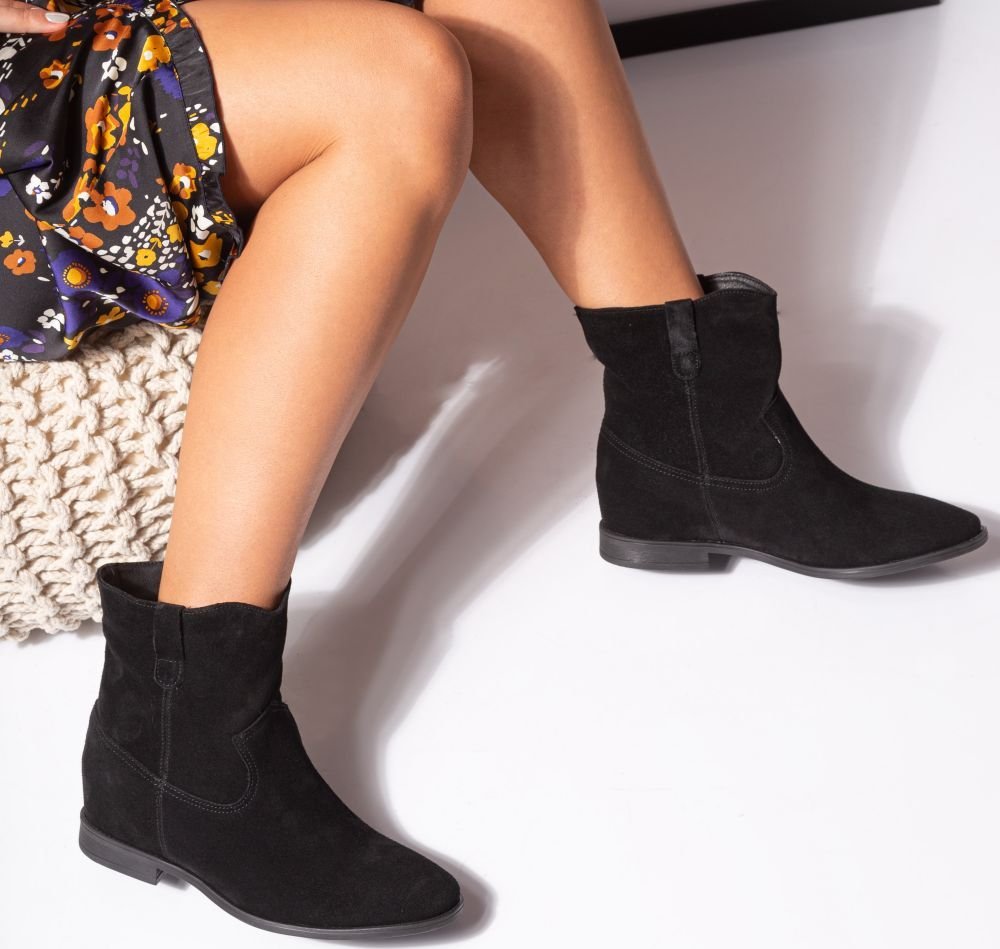 Estetino Botki kowbojki skórzane zamszowe na koturnie czarne Butdam-36