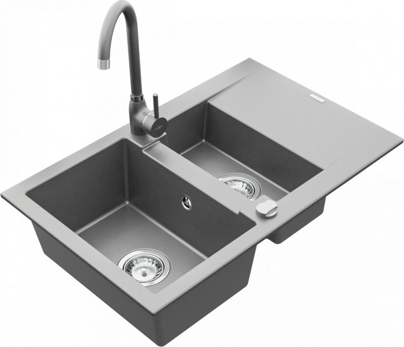Zlewozmywak Mexen Gaspar zlewozmywak granitowy 1,5-komorowy z ociekaczem i baterią kuchenną Telma, szary - 6507-71-670200-71