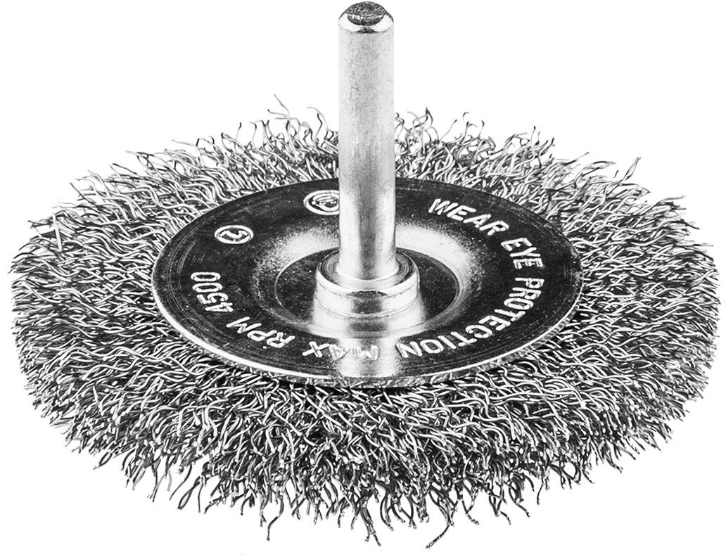 Szczotka druciana tarczowa 75 mm, drut karbowany, INOX, z trzpieniem 6 mm